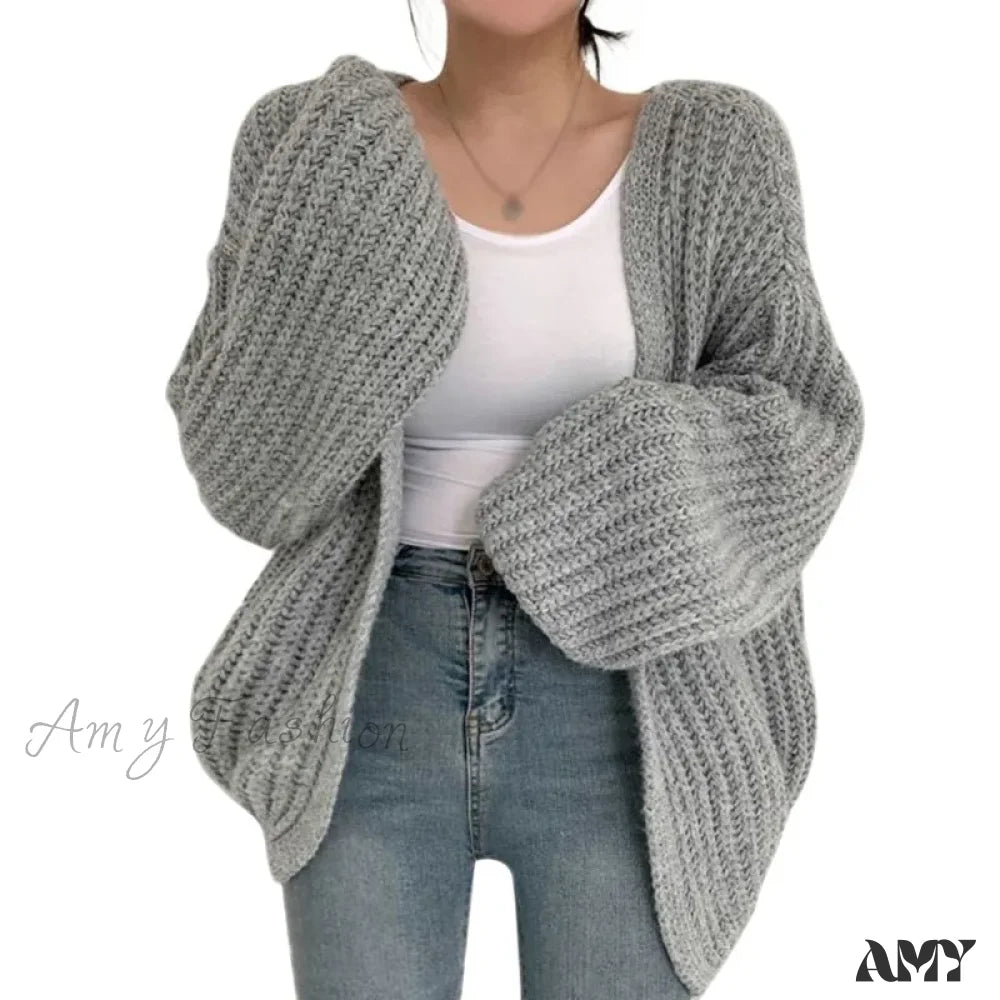 Loose Casual Solid Color Autumn Winter Versatile V Neck Knitted Sweater Gray / One Size