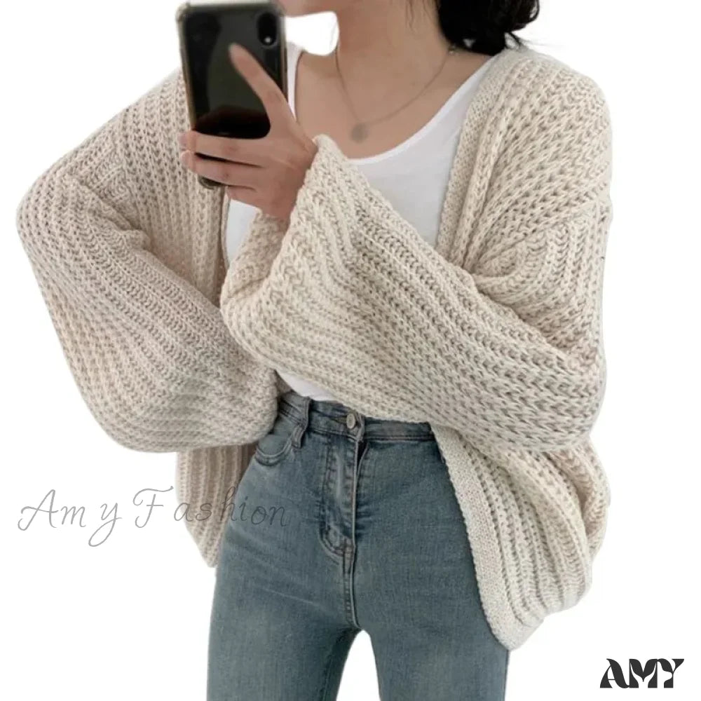 Loose Casual Solid Color Autumn Winter Versatile V Neck Knitted Sweater White / One Size