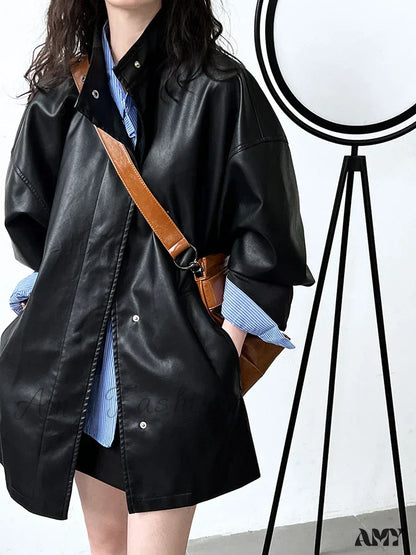 Loose Fit Pu Leather Black Big Size Long Stand Collar Sleeve Fashion Jacket