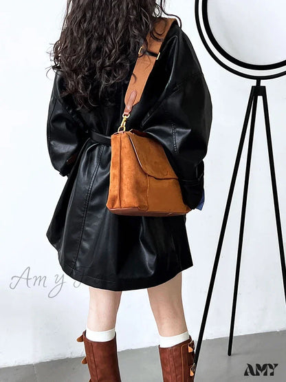 Loose Fit Pu Leather Black Big Size Long Stand Collar Sleeve Fashion Jacket