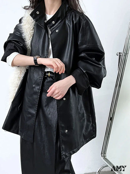 Loose Fit Pu Leather Black Big Size Long Stand Collar Sleeve Fashion Jacket / M