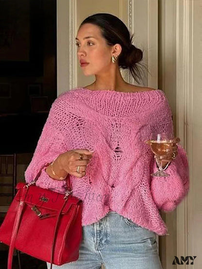 Loose Knitted Purple Women O Neck Long Sleeve Pockets Sweater