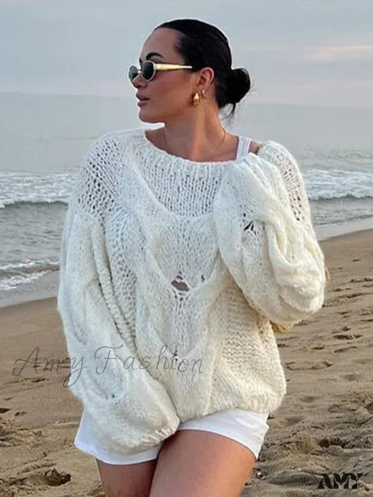 Loose Knitted Purple Women O Neck Long Sleeve Pockets Sweater Creamy-White / S