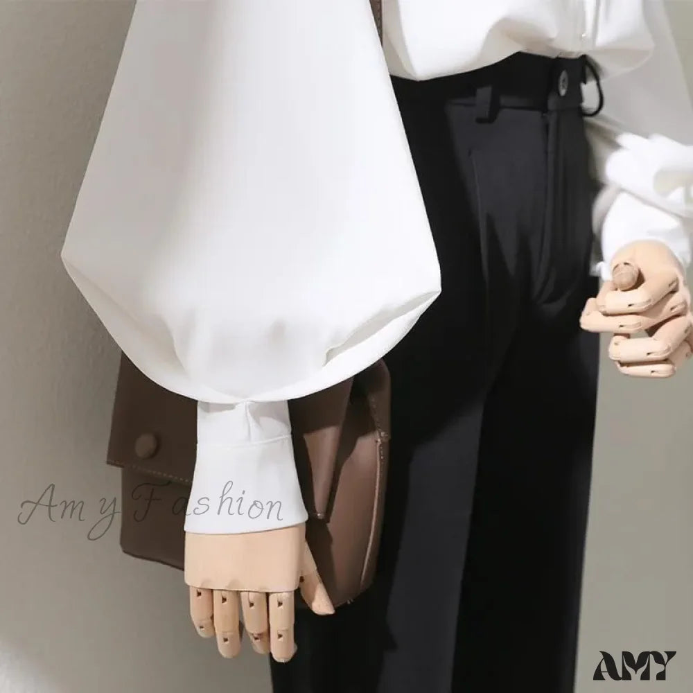 Loose Korean Office Ladies Fashion Button Up Lantern Stand Collar Tops Blouse