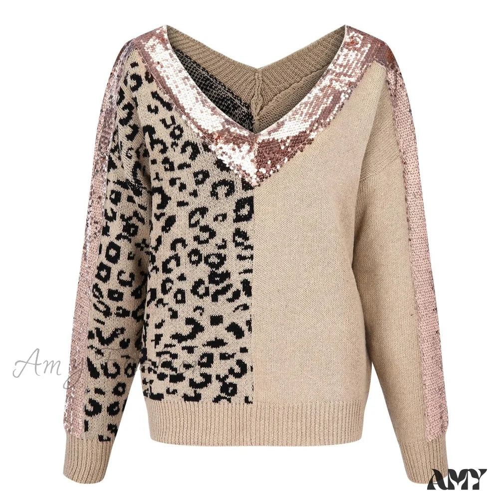 Loose Soft Sequin Stitching Leopard Print Long Sleeve Pullover