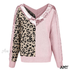 Loose Soft Sequin Stitching Leopard Print Long Sleeve Pullover