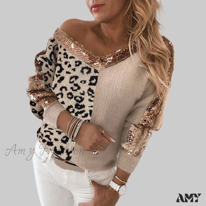 Loose Soft Sequin Stitching Leopard Print Long Sleeve Pullover