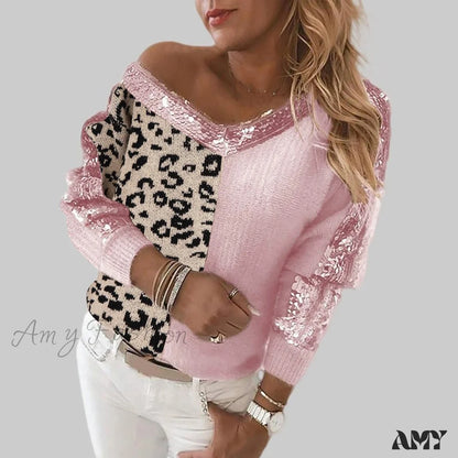 Loose Soft Sequin Stitching Leopard Print Long Sleeve Pullover Pink / Size M