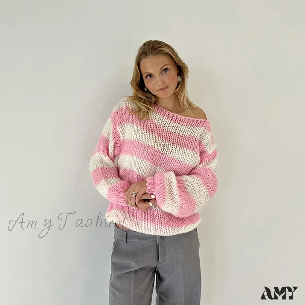 Loose Striped Knitted Women’s Y2K Crochet Ruched Boat Neck Long Sleeve Stylish Trendy Cozy Chic