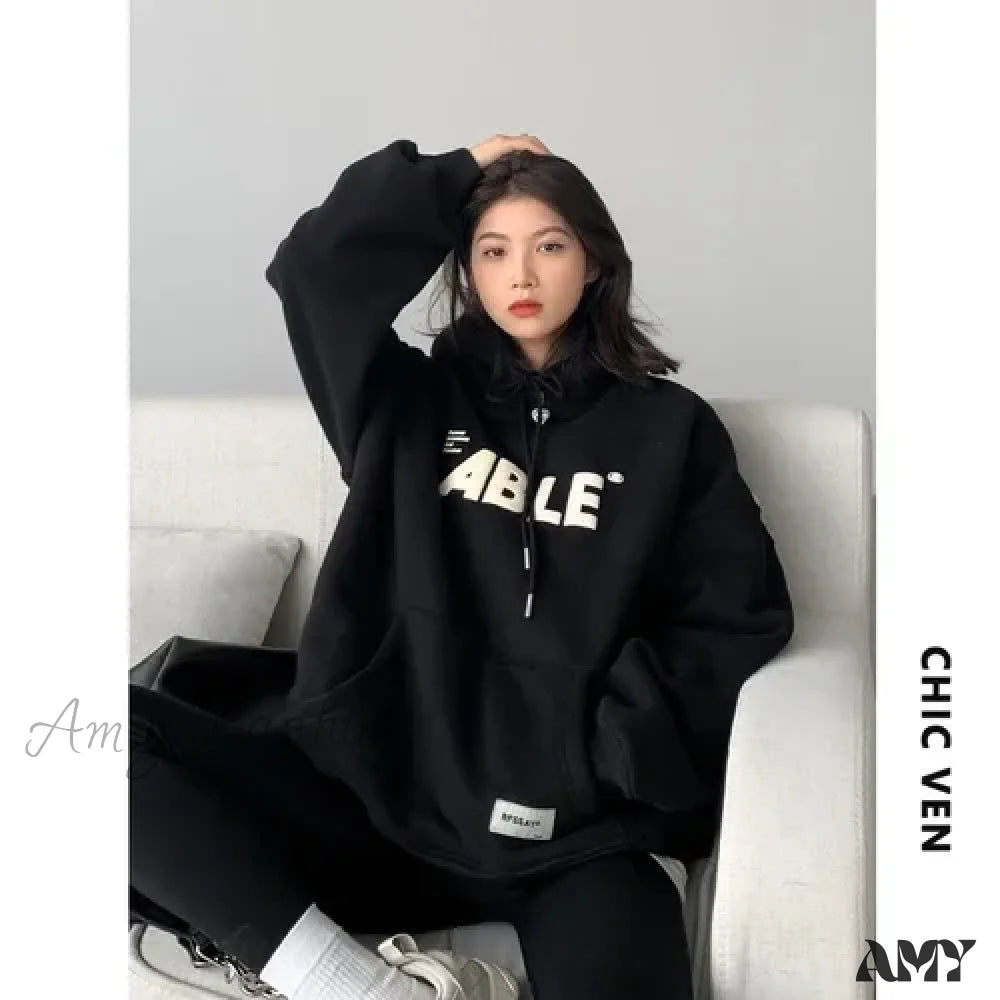 Loose Warm Thick Casual Comfortable Cozy Trendy Elegant Hoodies Black / S