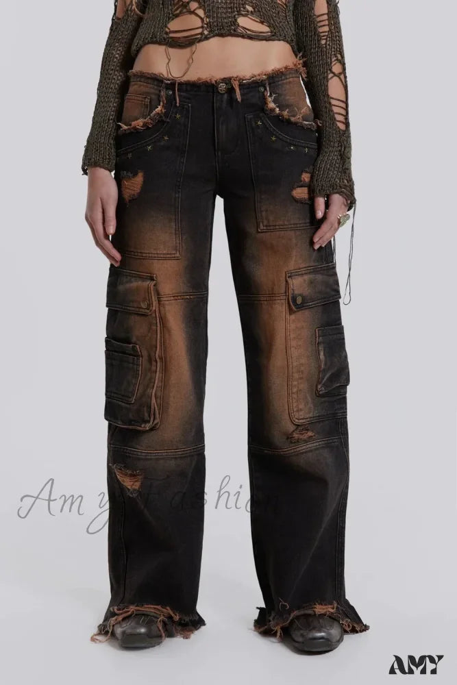 Low-Rise Ripped Water Blast Multi-Pocket Overalls Jeans Light Brown / S