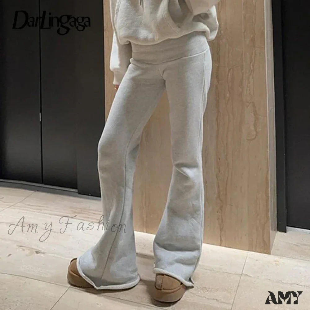 Low Waist Rolled Fashion Skinny Flared Boot Cut Pants Light Grey / S