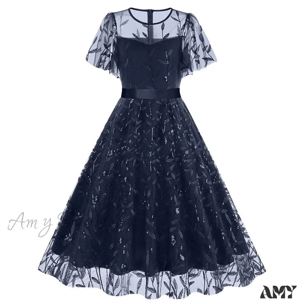 Luxury Deep V-Neck High-Waisted Lace-Up Formal Cocktail Evening Dress Navy / S