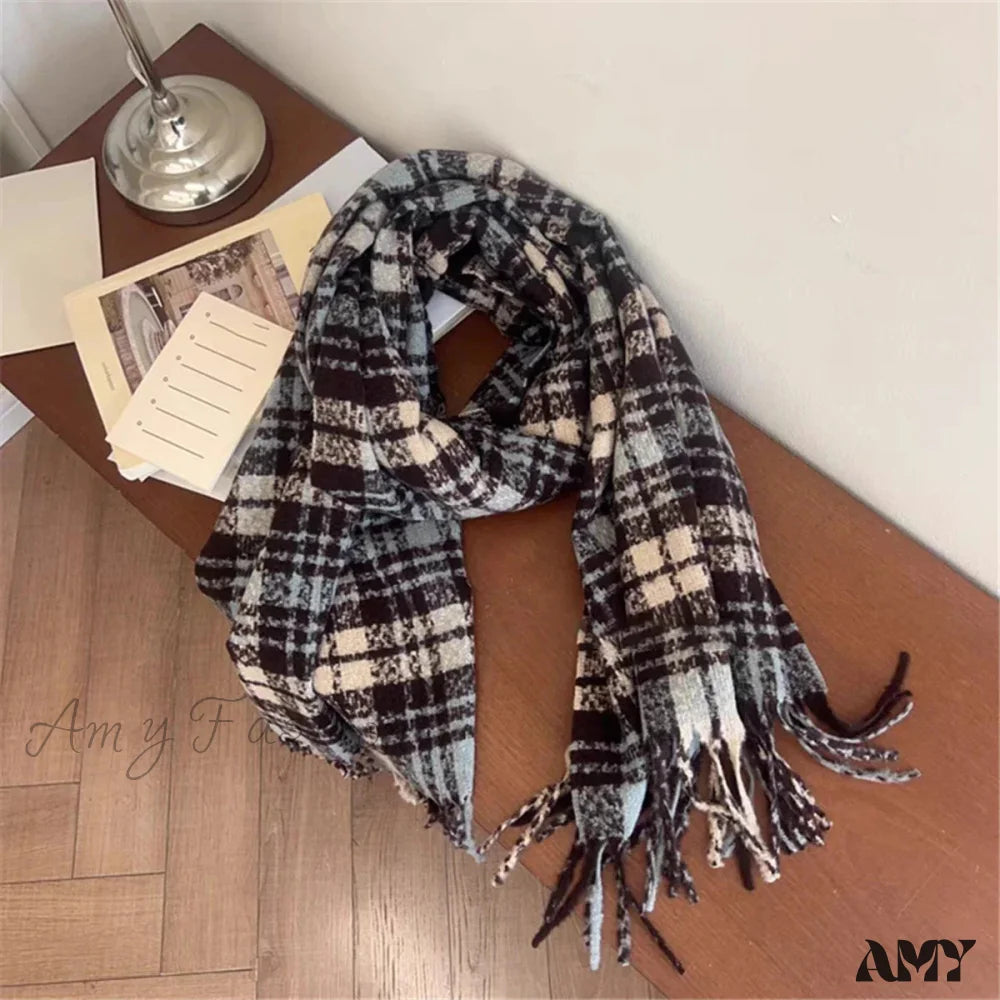 Luxury Plaid Cashmere Long Bandana Pashmina Scarf For Women Blue - Brown