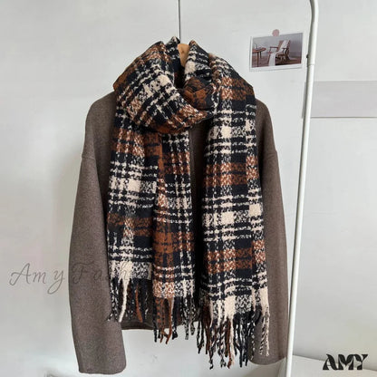 Luxury Plaid Cashmere Long Bandana Pashmina Scarf For Women Brown 1