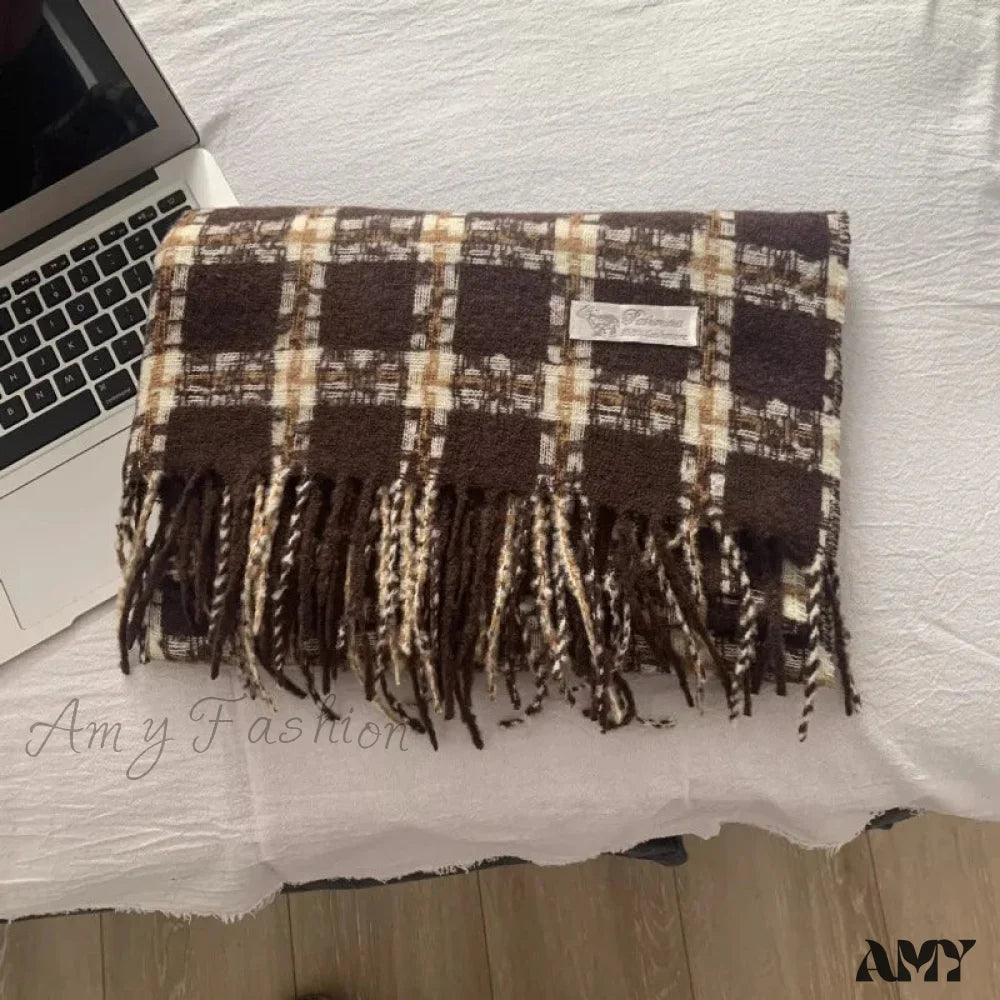 Luxury Plaid Cashmere Long Bandana Pashmina Scarf For Women Brown 3