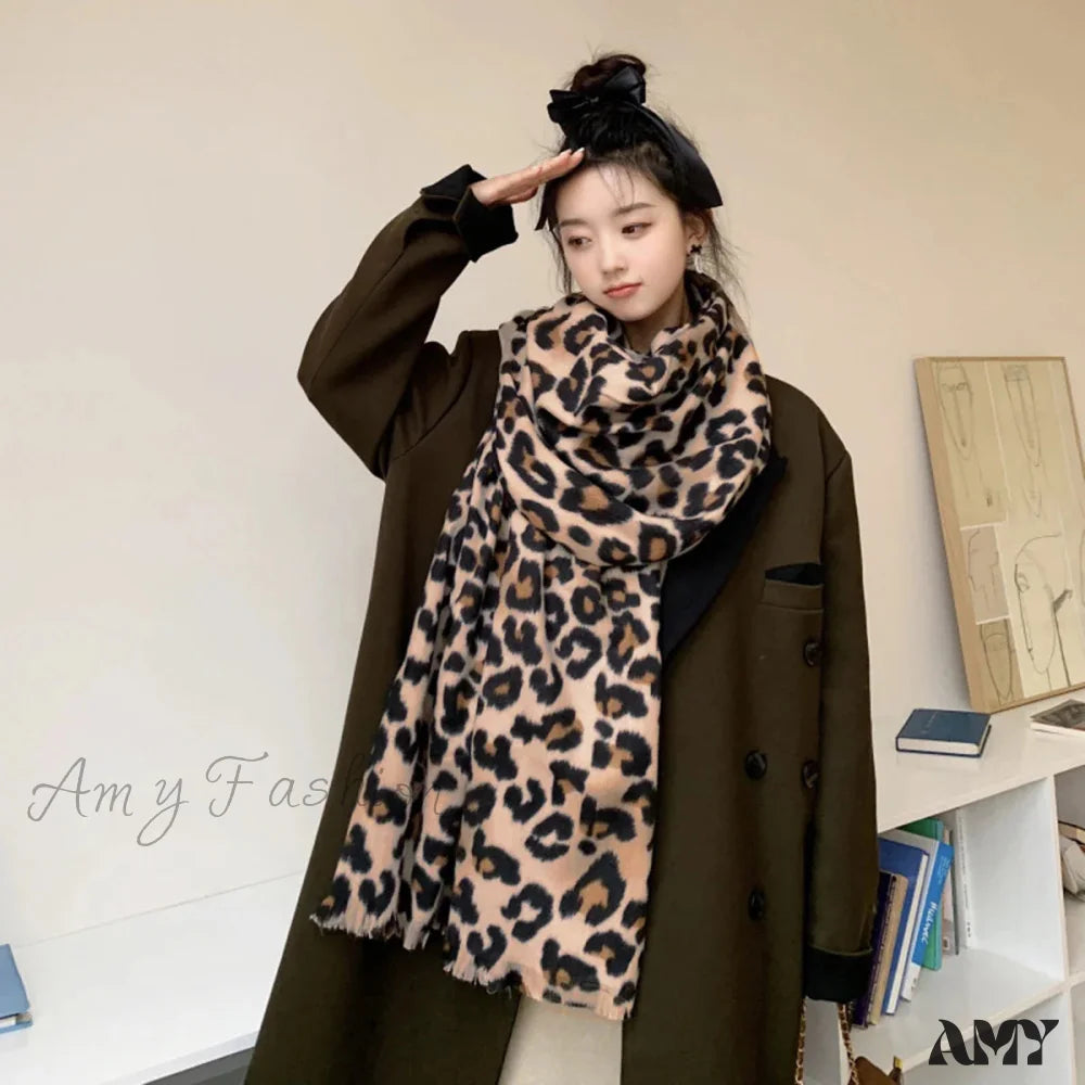 Luxury Plaid Cashmere Long Bandana Pashmina Scarf For Women Leopard