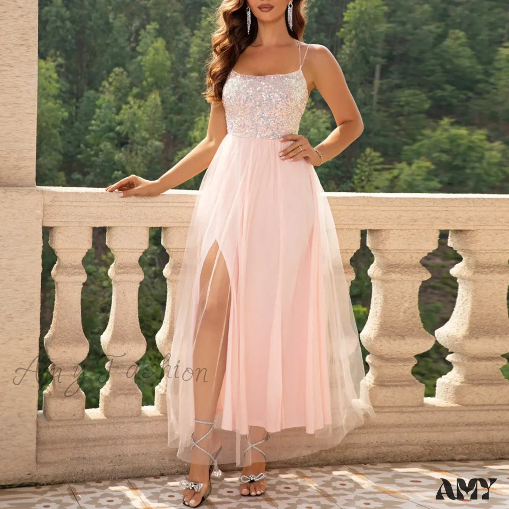 Mesh Sequin Party Spaghetti Strap Split Long A-Line Elegant Sleeveless Evening Wedding Dress Pink /