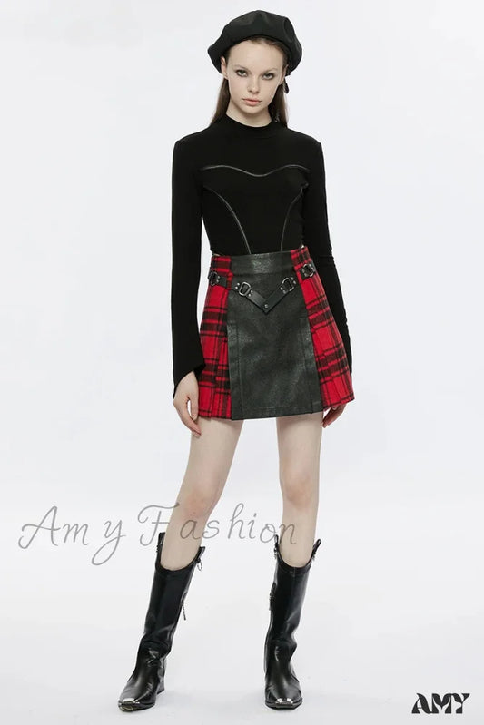 Metal Buckle Black + Red Mini Splicing Daily Skirt Personality A-Line Women’s Rivet Belt Plaid