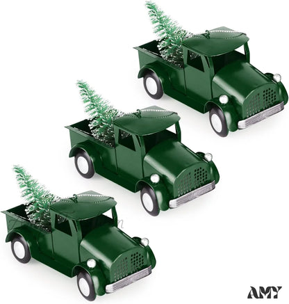 Metal Pickup Truck Christmas Tree Ornaments - Set Of 3 Green