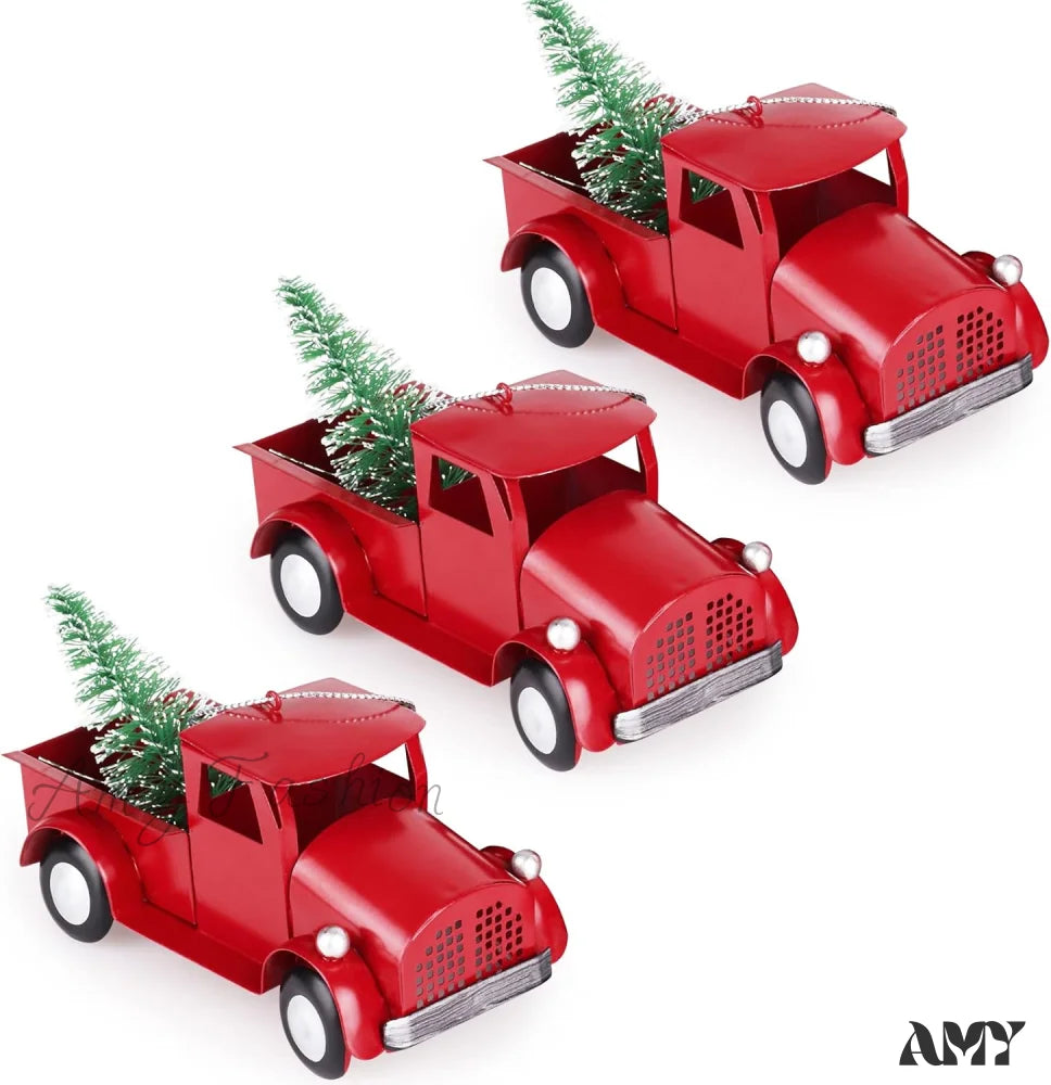 Metal Pickup Truck Christmas Tree Ornaments - Set Of 3 Red