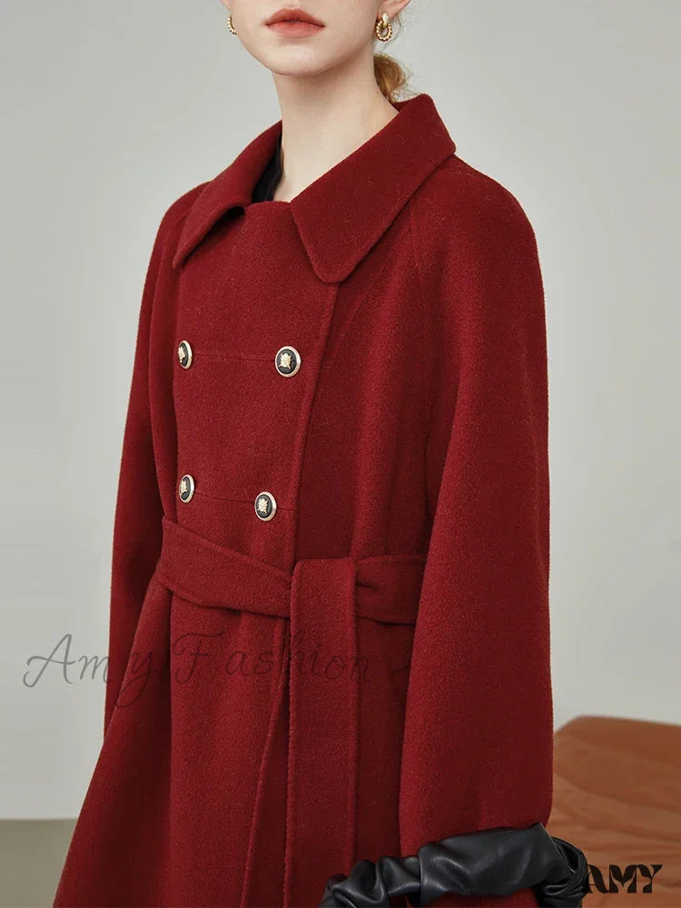 Mid-Length Cute Beige Woolen Winter New Loose Waist Office Lady Coat Red / S