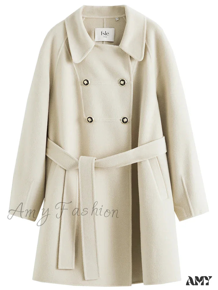 Mid-Length Cute Beige Woolen Winter New Loose Waist Office Lady Coat / S