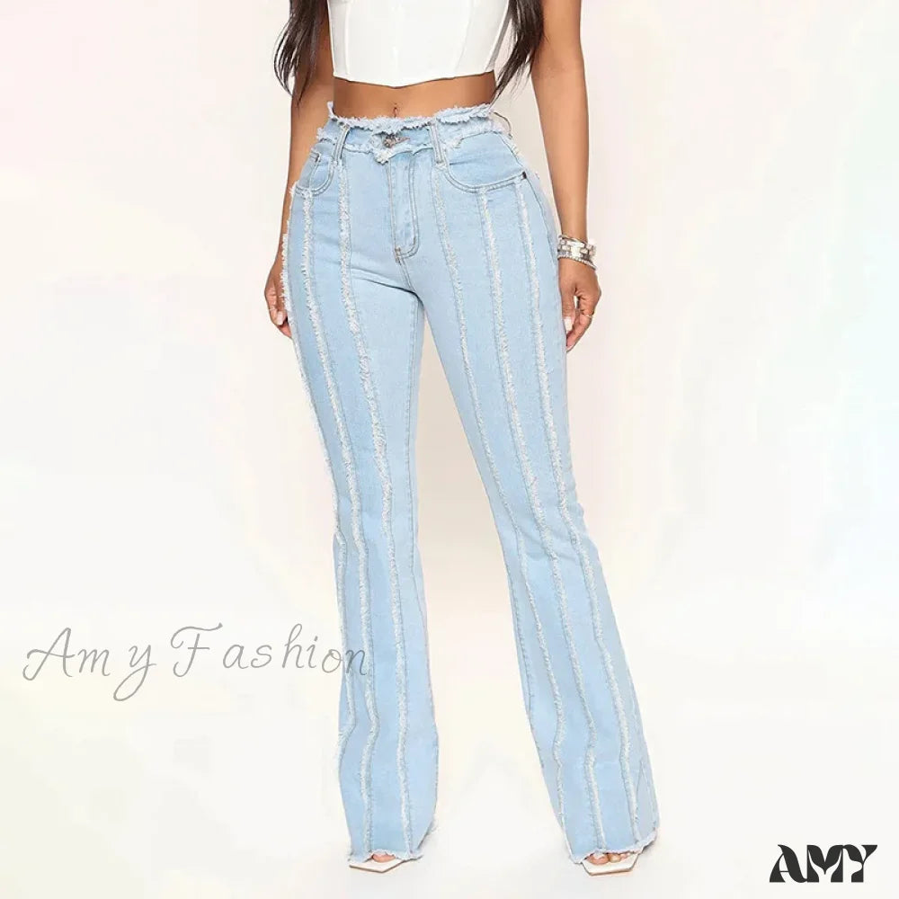 Mid Waist Flare Slim Fit Ankle Length Flat Pockets Solid Color Streetwear Wide Leg Jean Light Blue