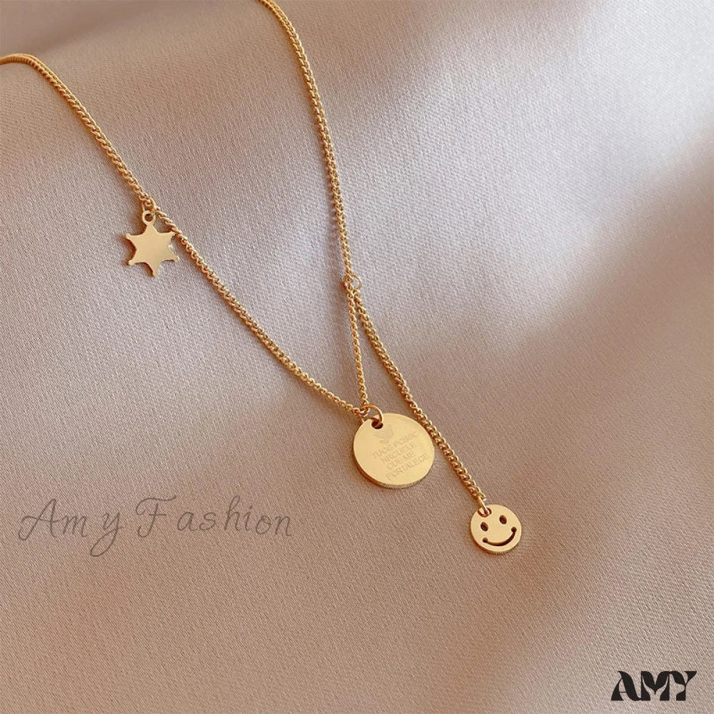 Minimalist Smile Star Plate Pendant Necklace Gold