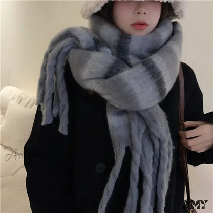 Mohair Winter Scarf - Solid Color Thickened Wool Fringed C Style Gray Black