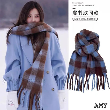 Mohair Winter Scarf - Solid Color Thickened Wool Fringed Same Style Blue