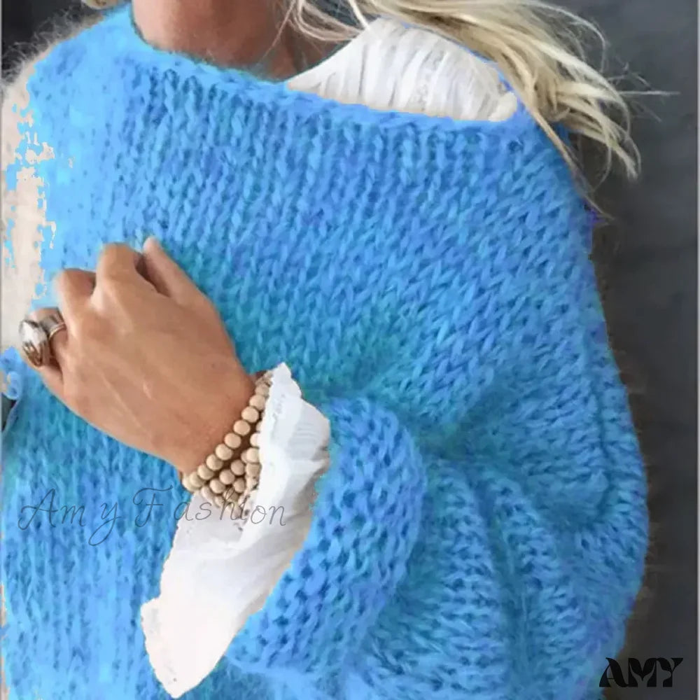 Mohair Women Lantern Long Sleeve Fluffy Cozy Casual Chic Stylish Warm Oversized Trendy Sweater Blue