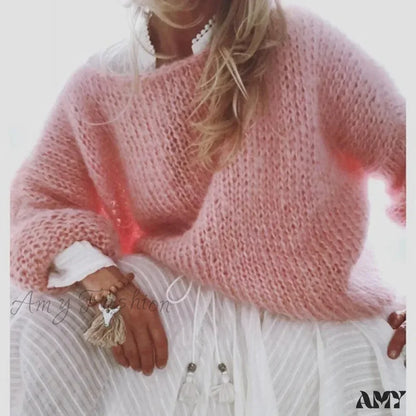 Mohair Women Lantern Long Sleeve Fluffy Cozy Casual Chic Stylish Warm Oversized Trendy Sweater Pink