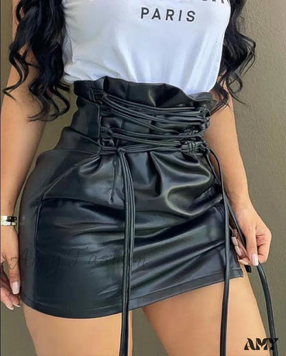 Motorcycle Latest Fashion Urban Style Lace Up High Waist Pu Leather Mini Skirt Black / S