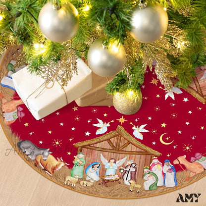 Nativity Christmas Tree Skirt - 48 Inches Red