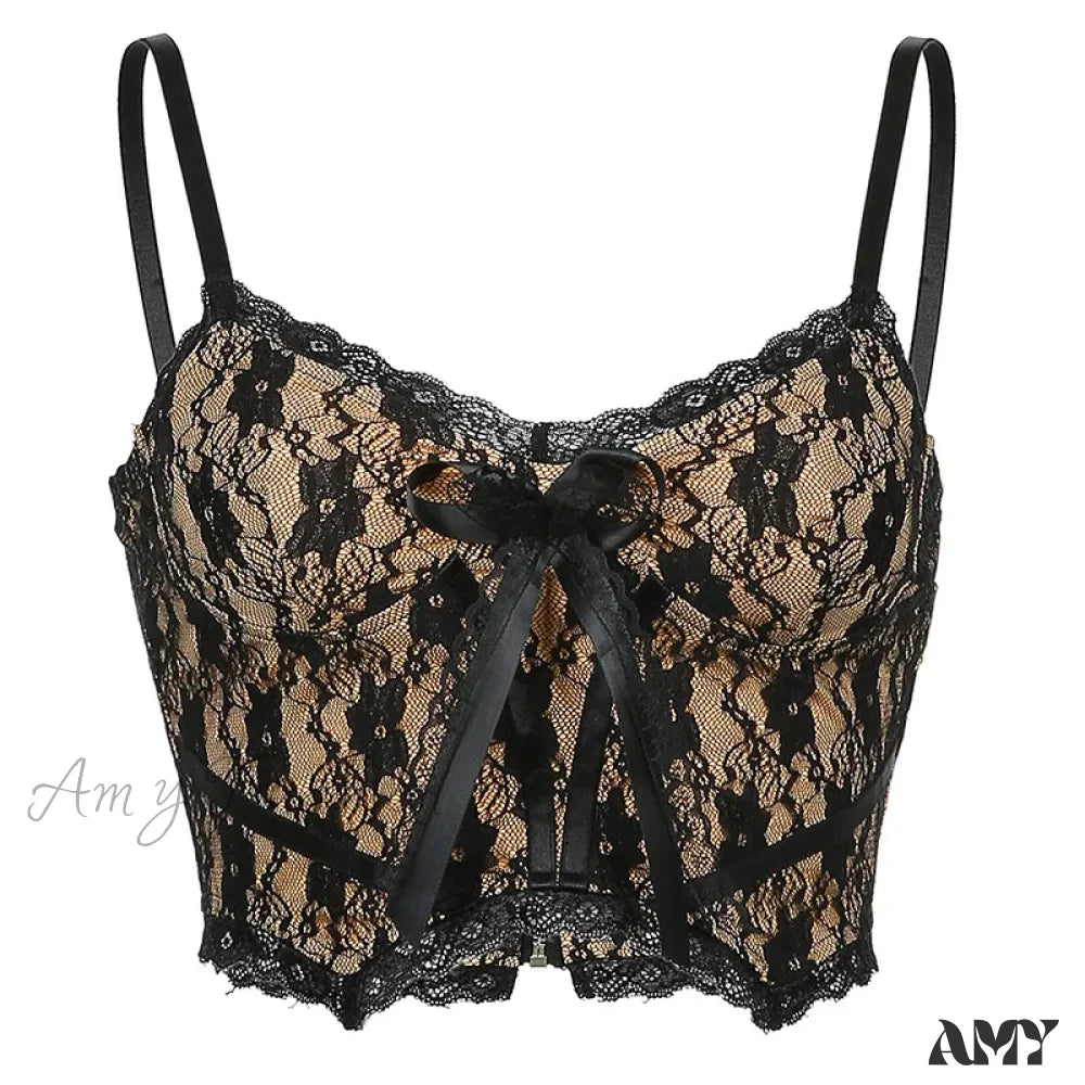 Neck V Lace Girl Double Dark Academia Top E Sexy Aesthetic Crop Layer Black / S