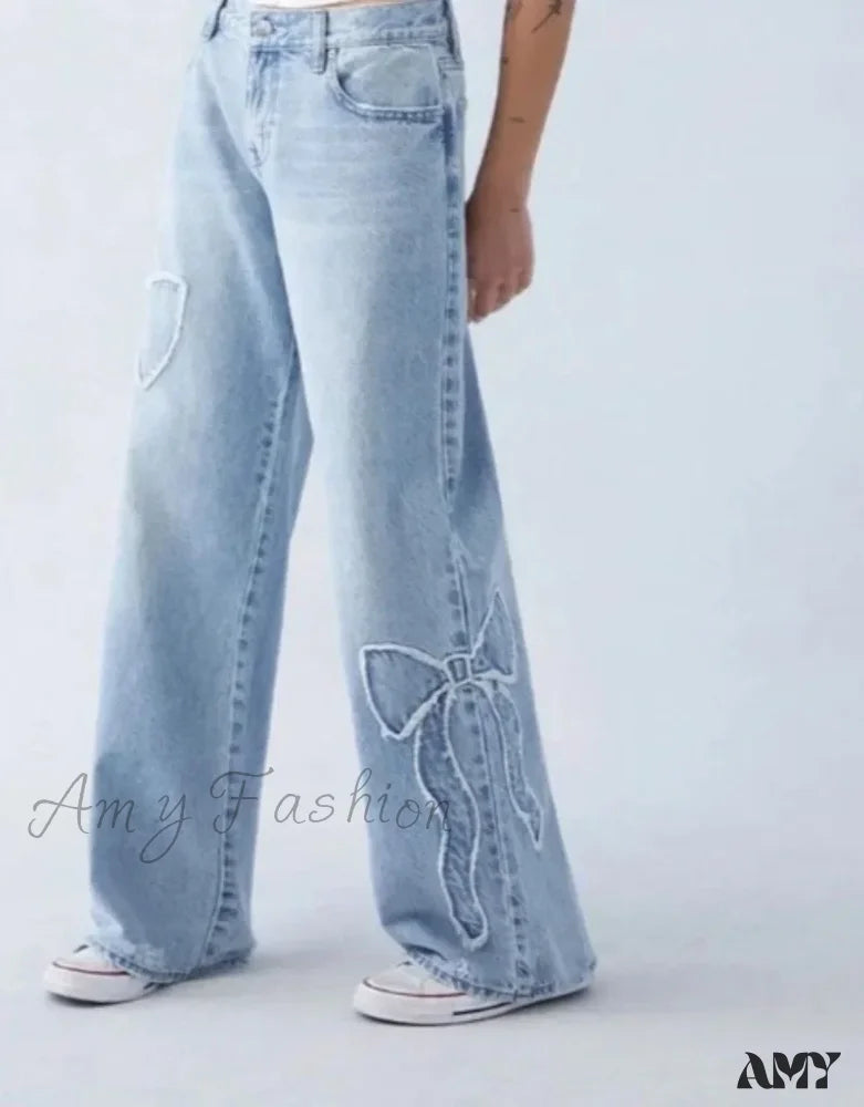 New Fashion Bow Embroidered Baggy Y2K Harajuku Vintage Popular Gothic High Waist Wide Leg Jean Blue