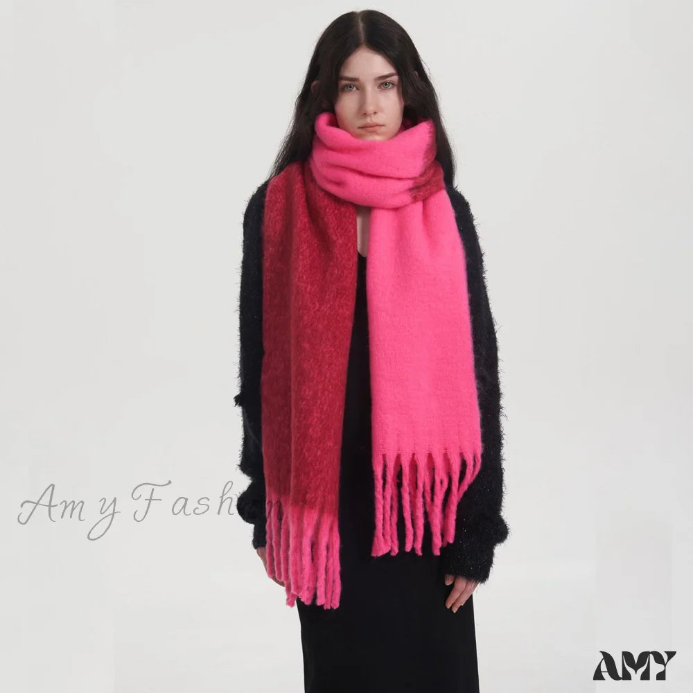 New Fashion Thick Warm Two-Tone Cozy Fringe Stylish Scarf Sakura Pink