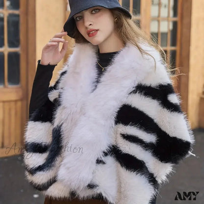 New Faux Fur Fox Thick Long Cape Zebra Print Elegant Warm Scarf