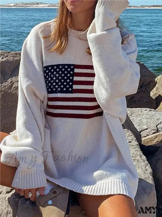 New Flag Pattern Vintage Loose Warm Long Sleeve Round Harajuku Sweater