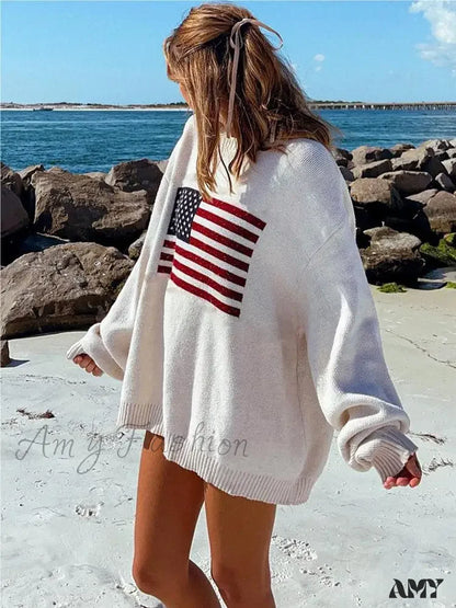 New Flag Pattern Vintage Loose Warm Long Sleeve Round Harajuku Sweater Wihte / M