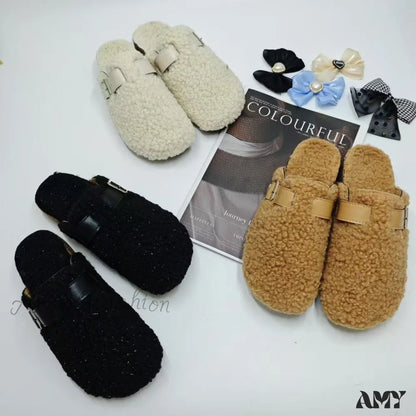 New Fleece Fur Buckle Sandals Closed Toe Half Slippers Autumn Winter Women’s Shoes