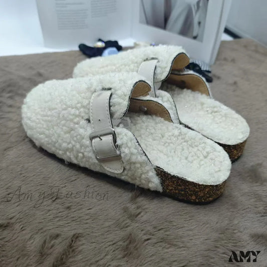 New Fleece Fur Buckle Sandals Closed Toe Half Slippers Autumn Winter Women’s Shoes