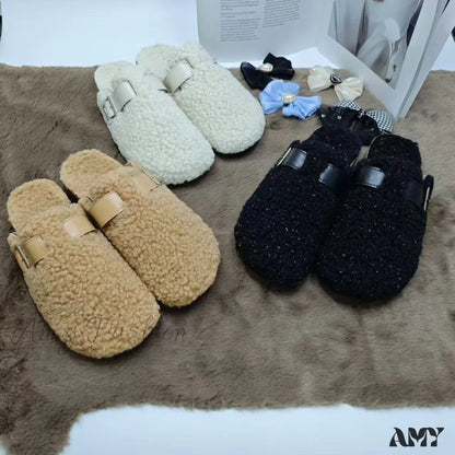 New Fleece Fur Buckle Sandals Closed Toe Half Slippers Autumn Winter Women’s Shoes