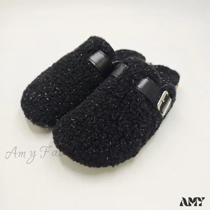 New Fleece Fur Buckle Sandals Closed Toe Half Slippers Autumn Winter Women’s Shoes Black / 36