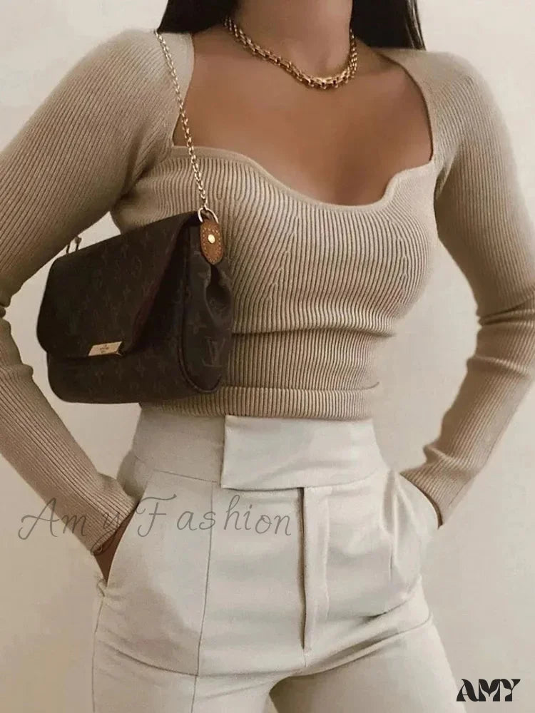 New Knitting Heart-Neck Casual Slim-Fit Tight Long-Arm Sweater Beige / S