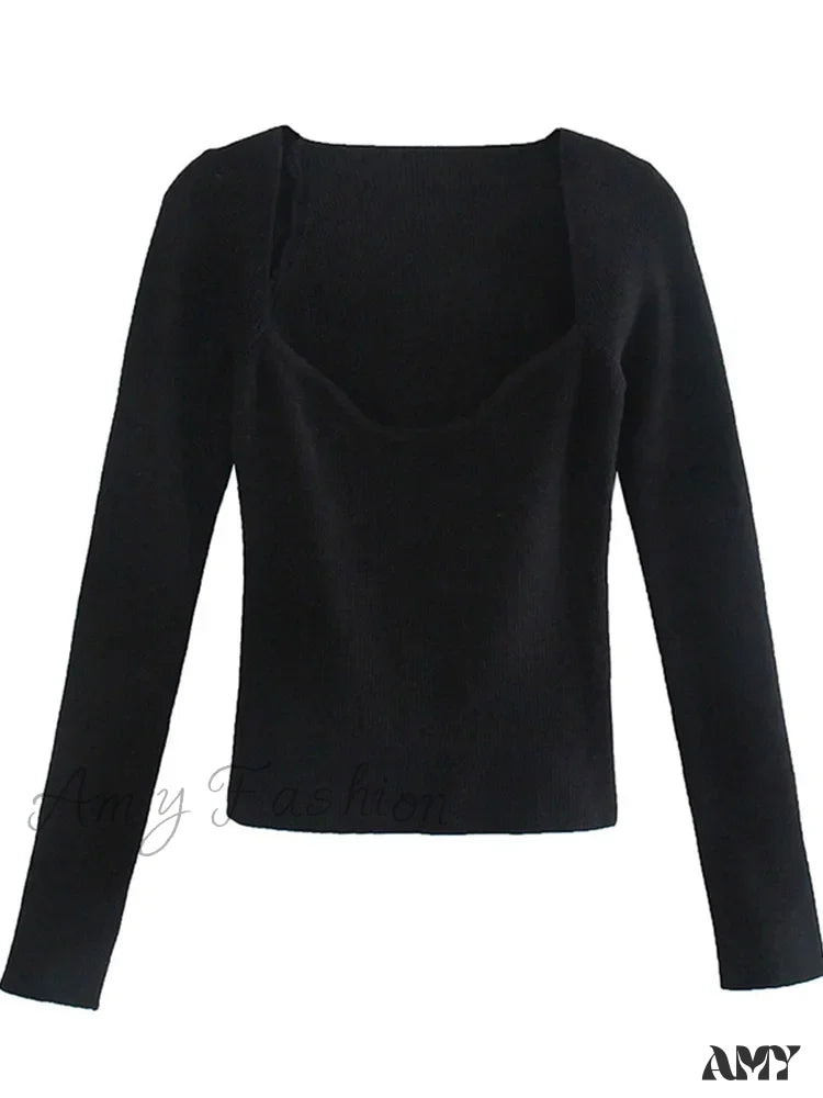 New Knitting Heart-Neck Casual Slim-Fit Tight Long-Arm Sweater Black / S