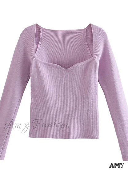 New Knitting Heart-Neck Casual Slim-Fit Tight Long-Arm Sweater Violet / S