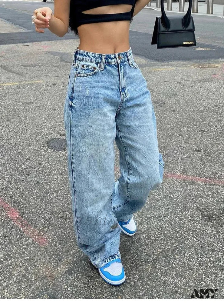 New Loose Wide Leg Street Casual Y2K Fashion Denim Women’s Blue/Off White Jean