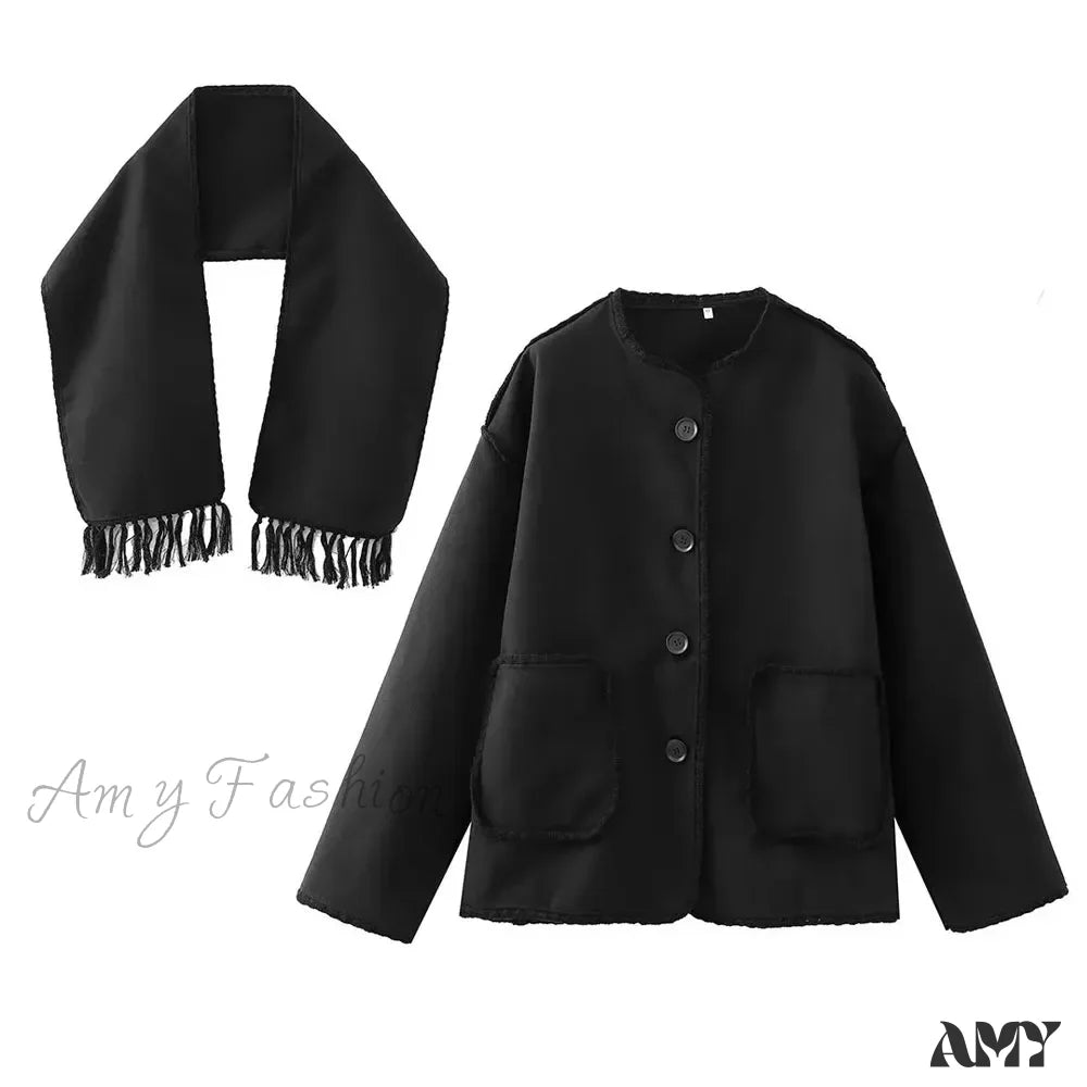 New O Neck Long Sleeve Crochet Contour Scarf Straight Button Pocket Vintage Casual Cozy Coat Black